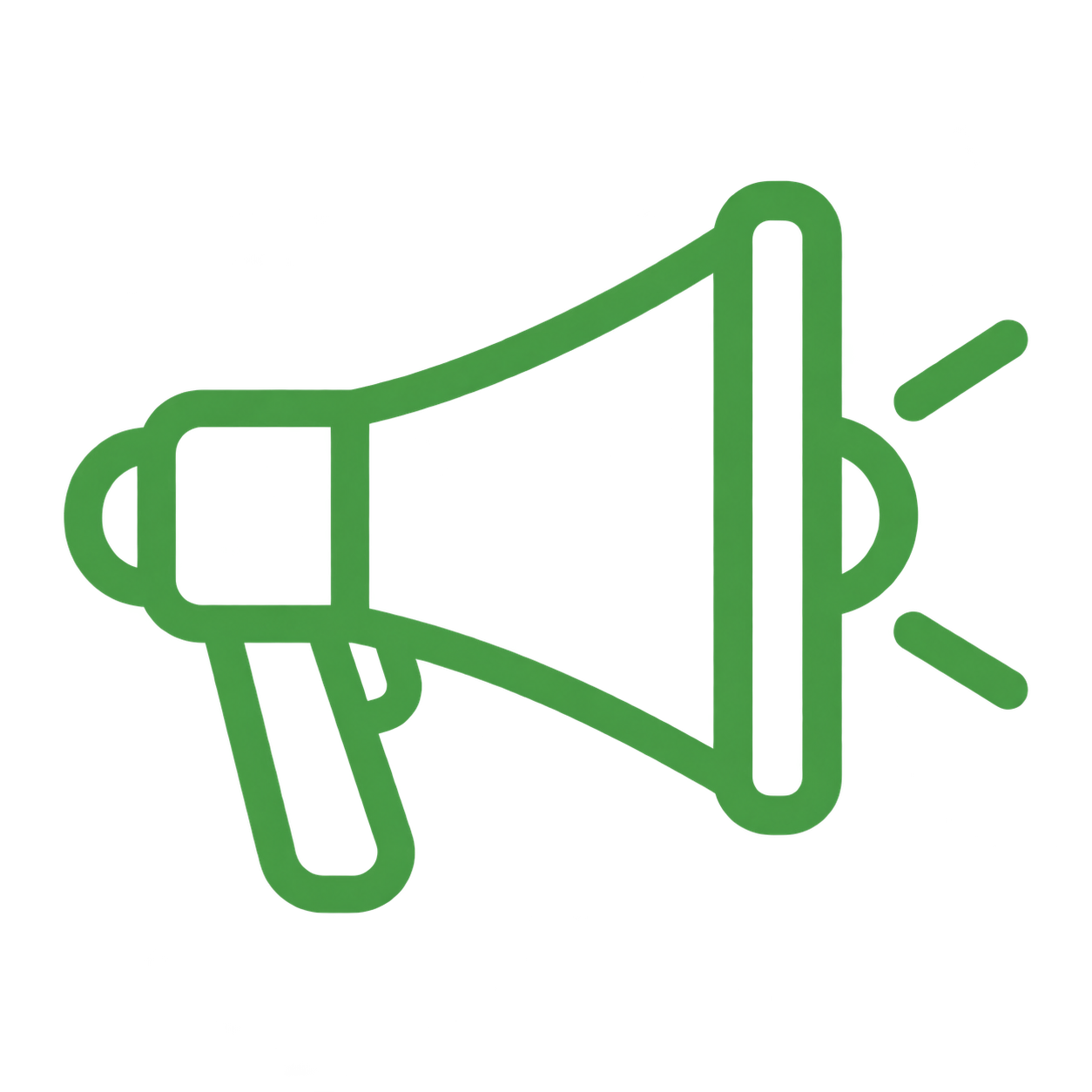 Green 3D outline of a megaphone on a black background
