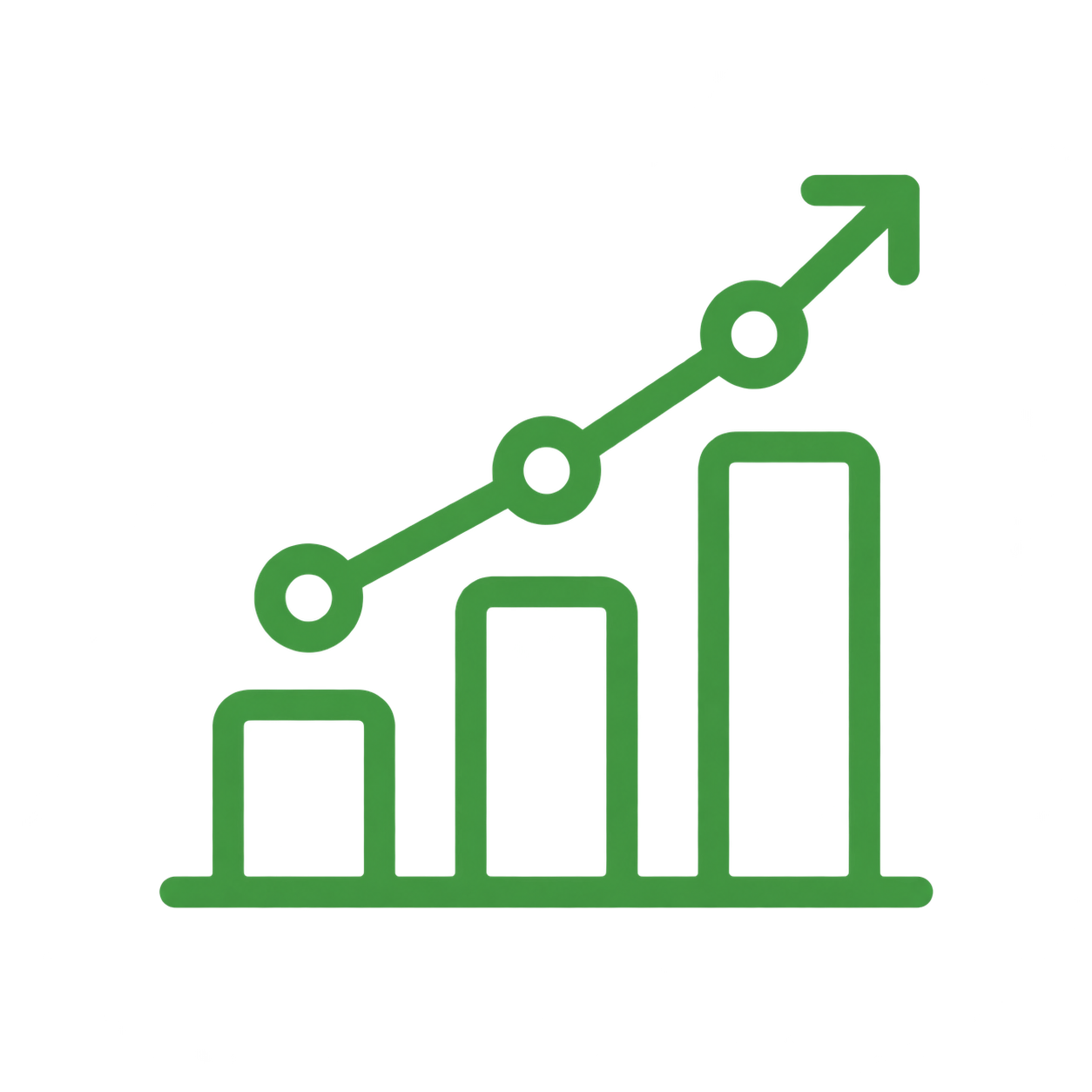 A green bar chart with four bars of increasing height from left to right, overlaid with a green upward trending arrow connecting circular data points.