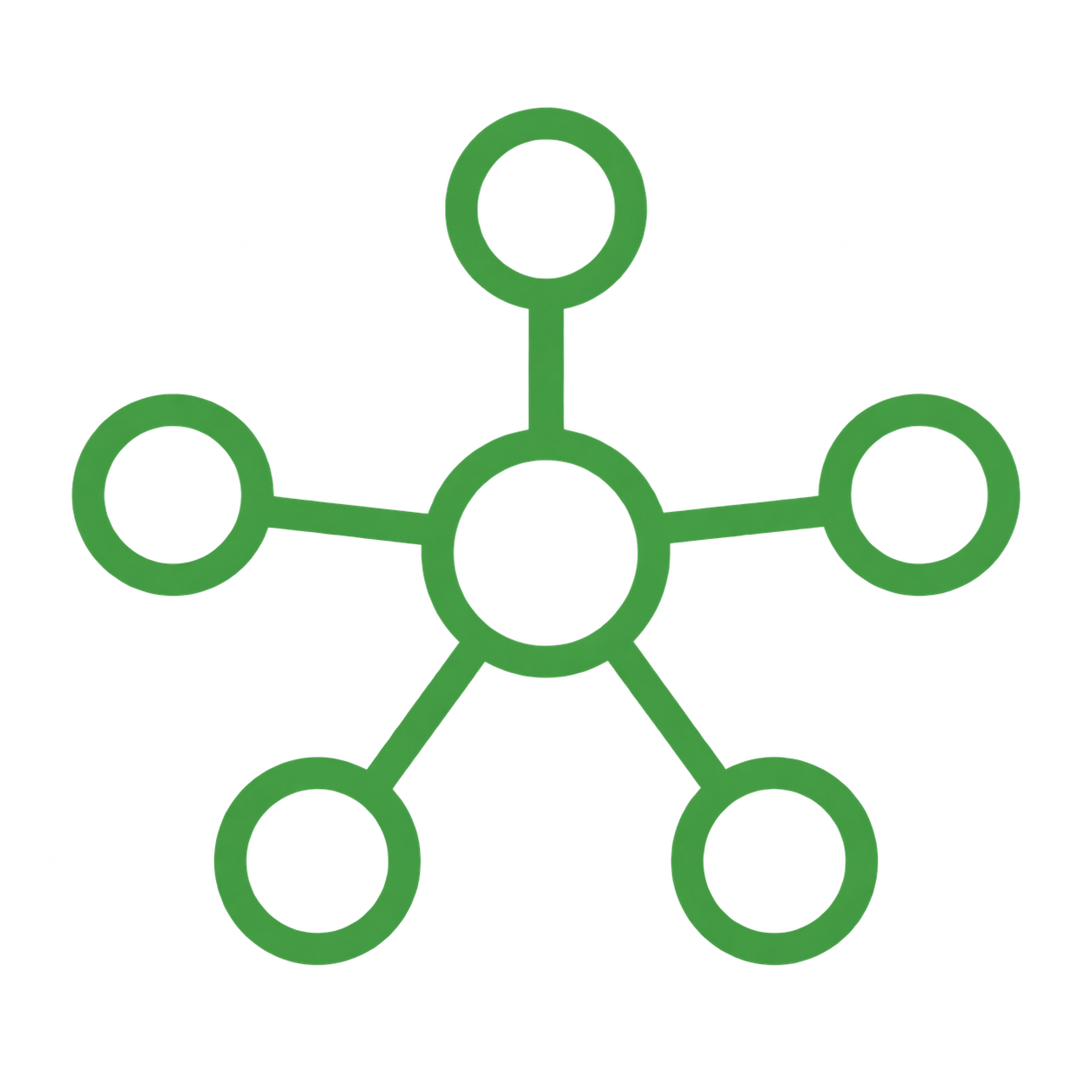 A diagram of a central green circle connected to five surrounding green circles by lines, representing a network or connection.