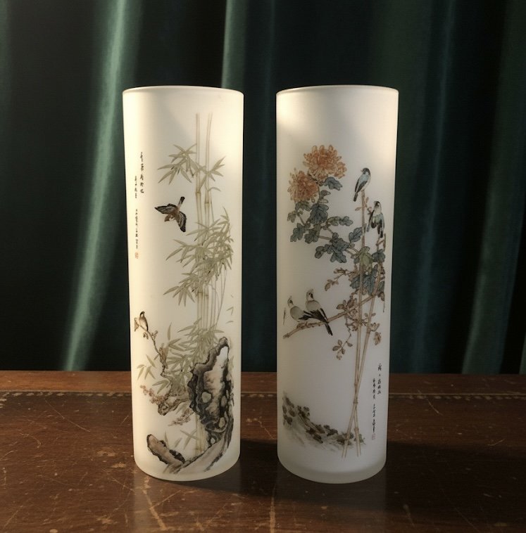 Two tall, cylindrical porcelain vases with traditional Chinese paintings of birds, bamboo, orchids, and rocks, placed on a wooden surface in front of a green curtain.