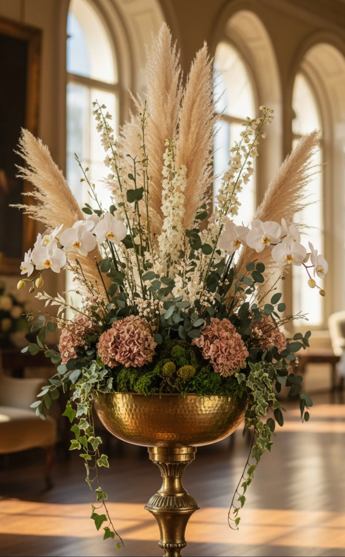 Elegant flower arrangement in a gold vase with dried grasses, white orchids, pink hydrangeas, and greenery inside a room with large arched windows.
