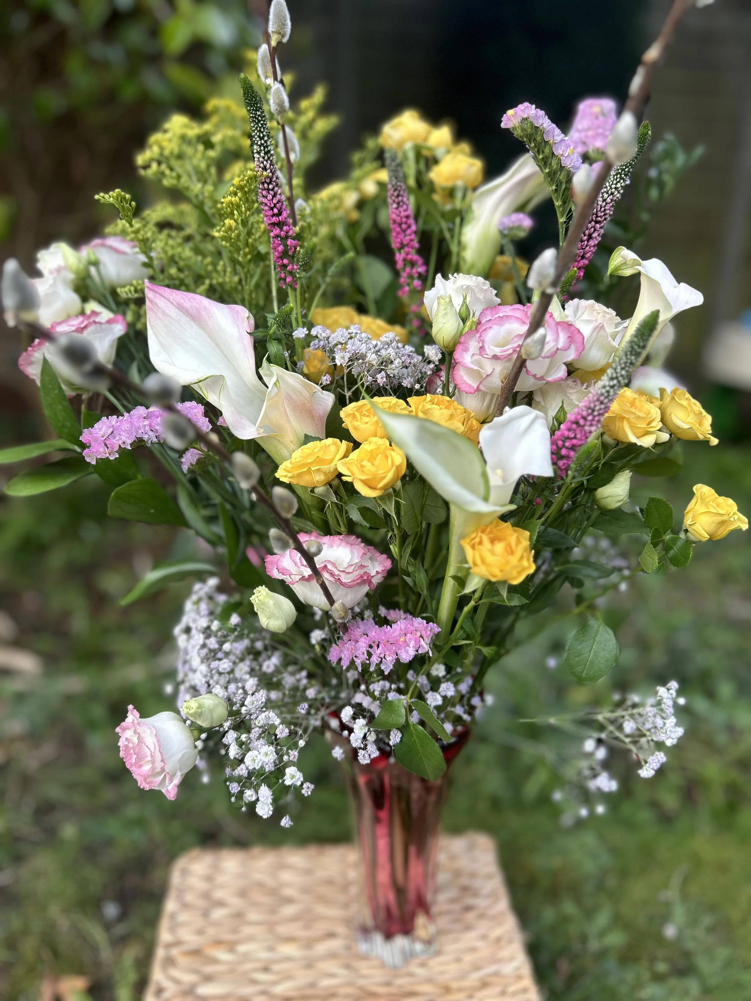 Heirloom ~ The Crimson Gossamer with Fresh Floral Arrangement