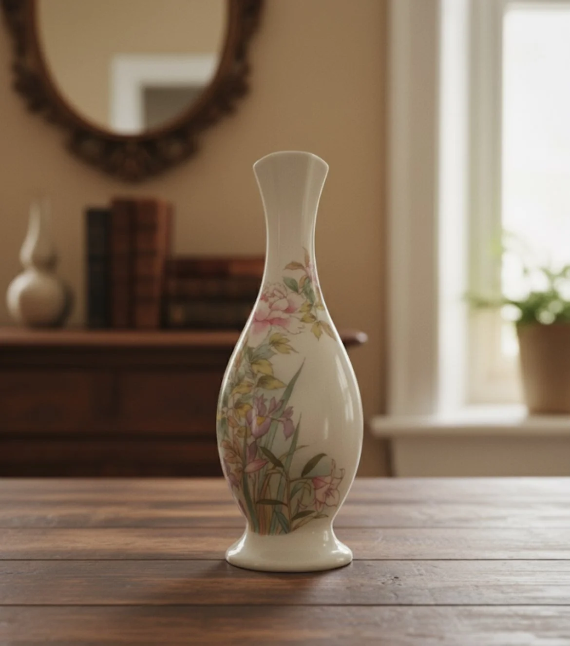 A decorative porcelain vase with floral patterns on a wooden table in a living room with a mirror, books, and a vase in the background.