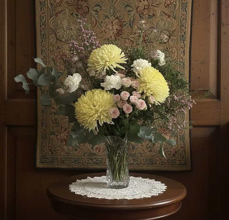 Keepsake ~ Golden Harvest with Fresh floral Arrangement