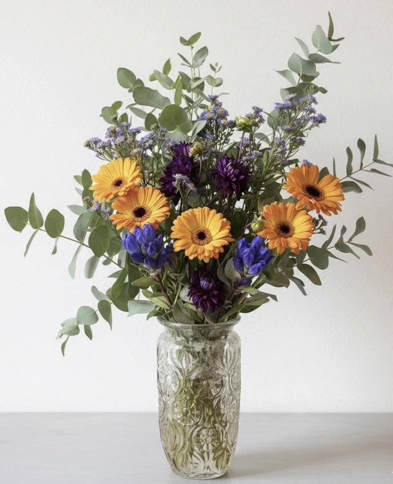 Keepsake ~ Sunset Sapphire with Fresh Floral Arrangement