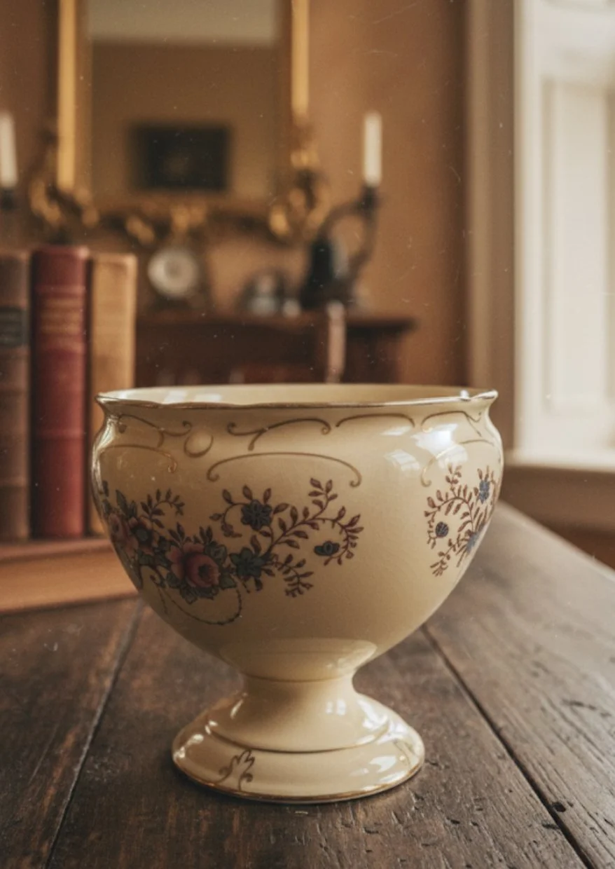 A vintage ceramic bowl with floral patterns on a wooden table in a cozy, warmly lit room with a bookshelf and a mirror in the background.
