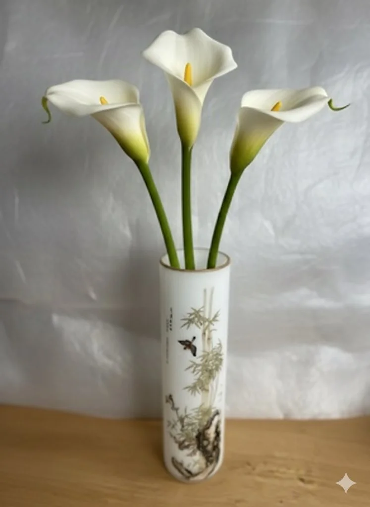 Three white calla lilies in a tall, decorative ceramic vase with Asian-style landscape design, on a wooden surface against a metallic background.