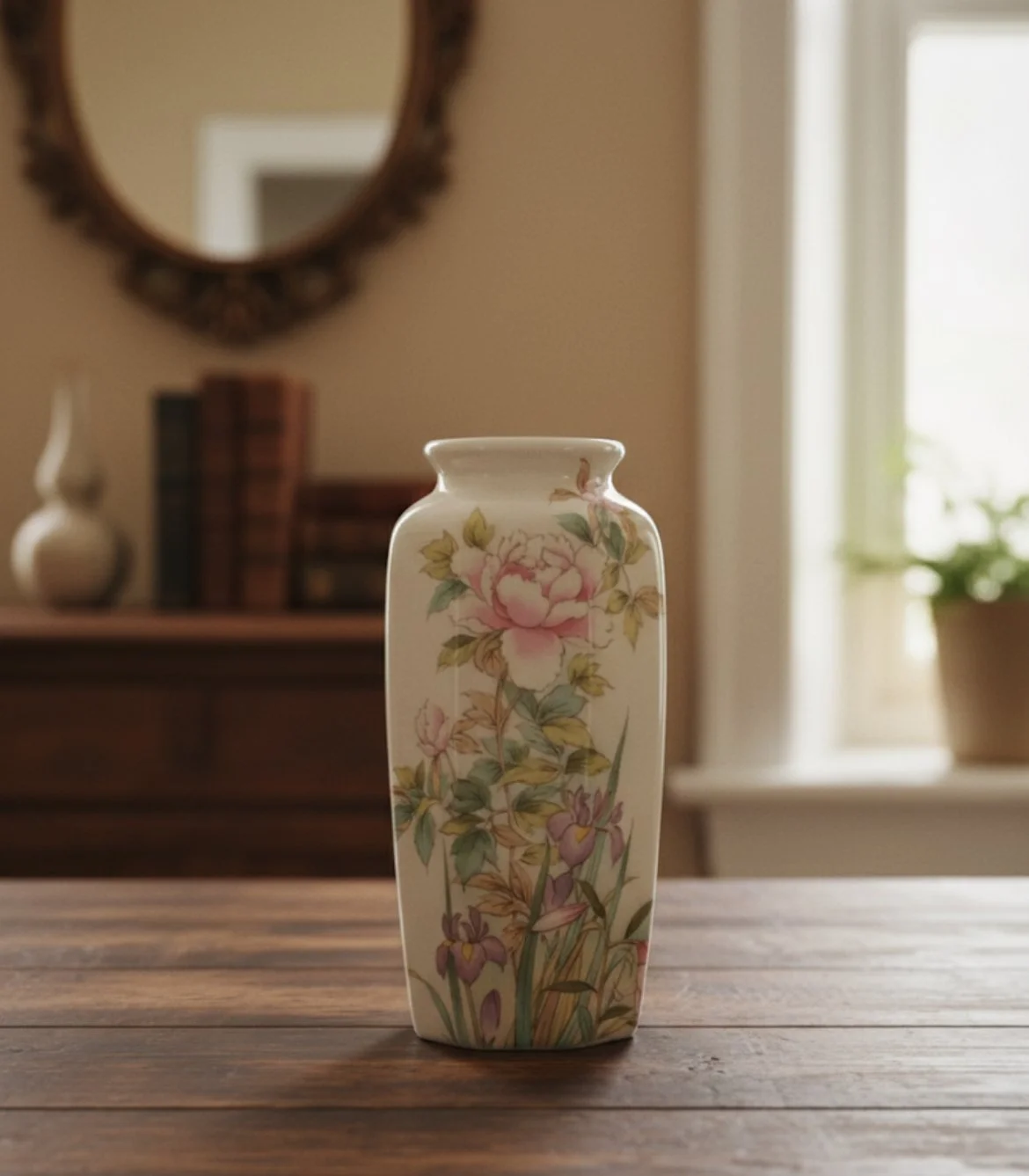 A floral ceramic vase with pink and yellow flowers and green leaves, placed on a wooden table in a room with a mirror, books, and a window.