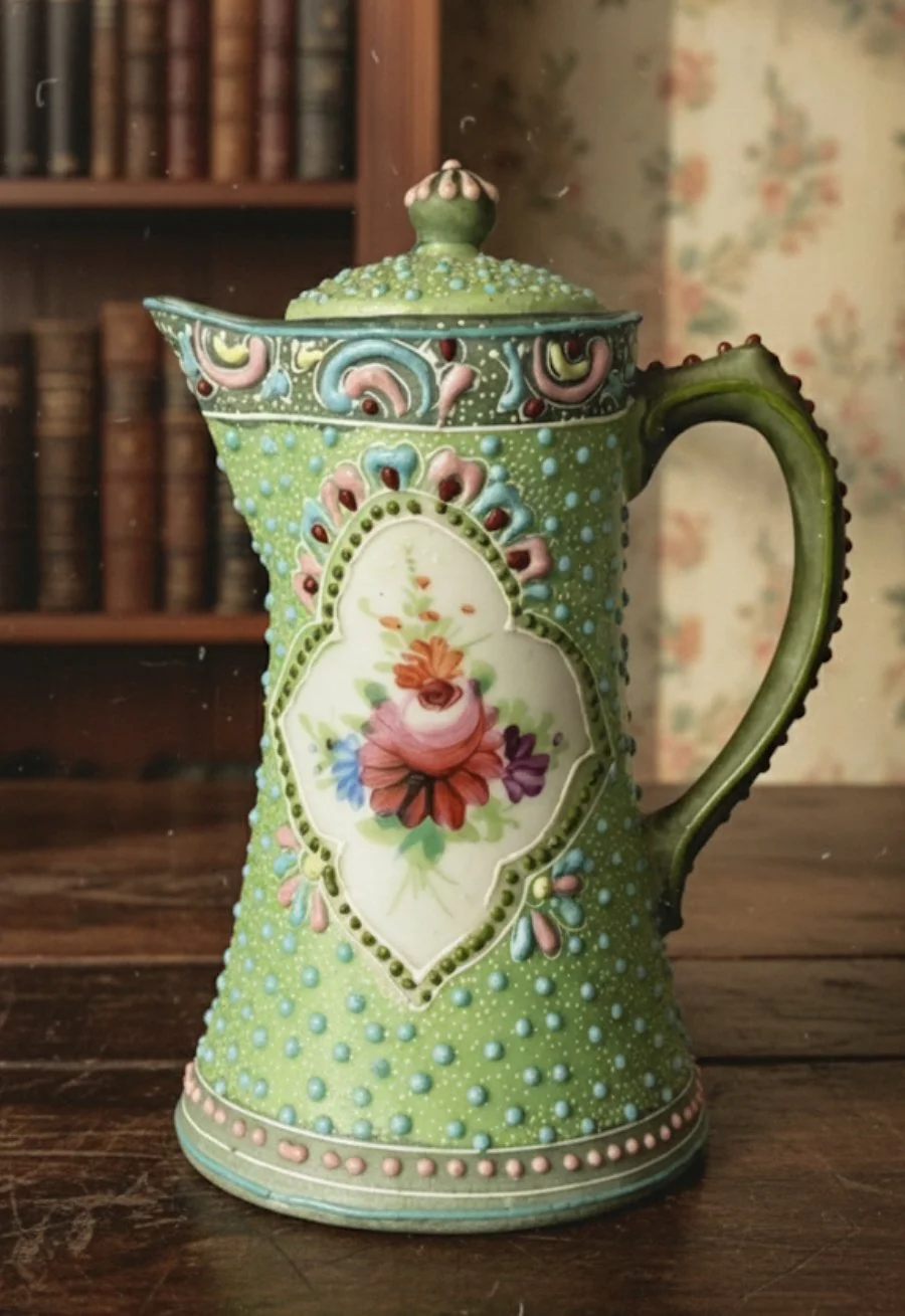 A decorative ceramic pitcher with a lid, painted in green with pink, blue, and red accents, featuring floral motifs and textured dots.