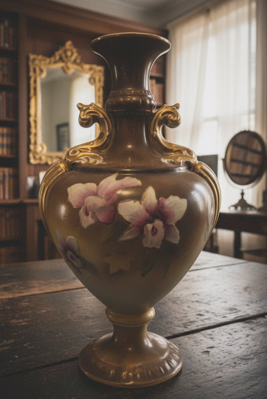 A decorative ceramic vase with floral patterns, placed on a wooden table in a room with bookshelves and a mirror.
