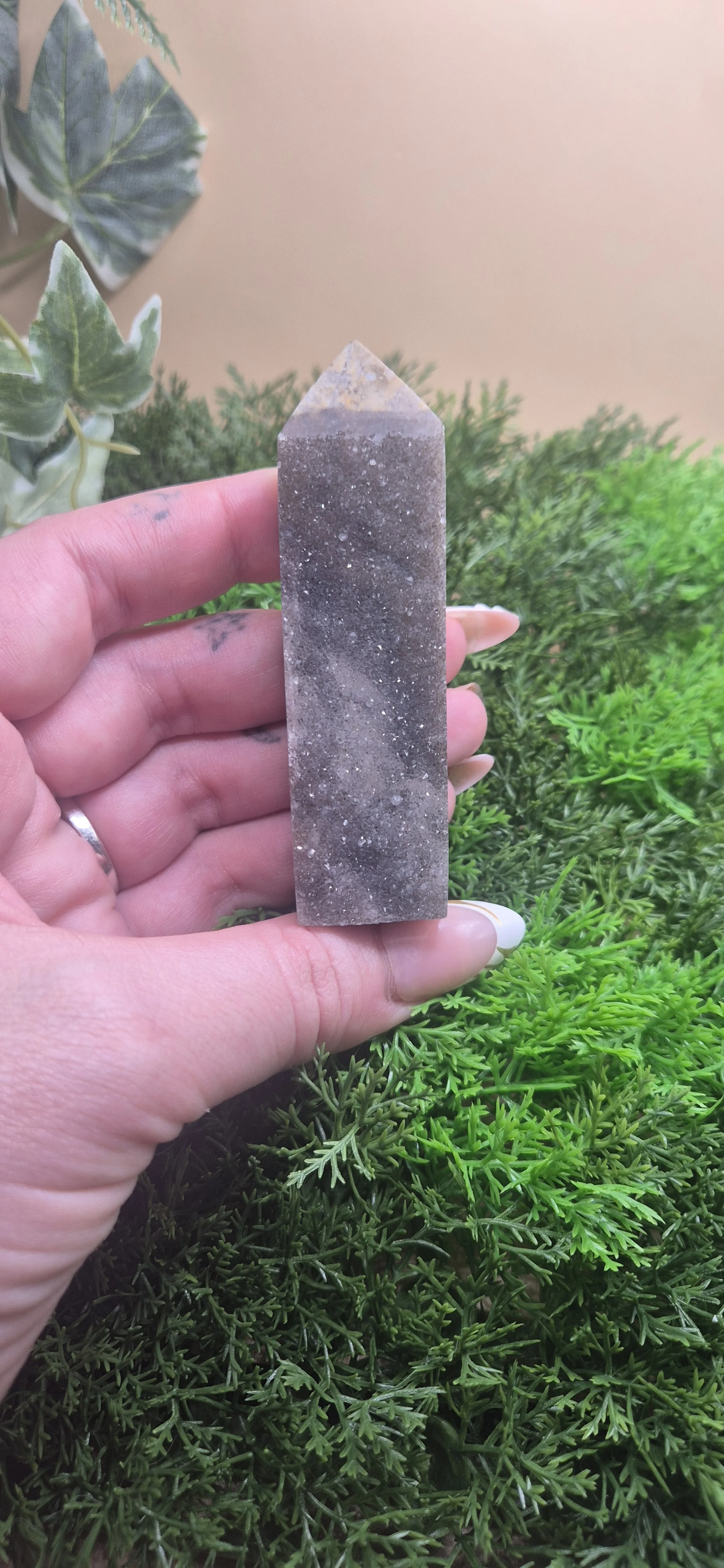 Natural Grey Banded Crystal Tower with Druzy