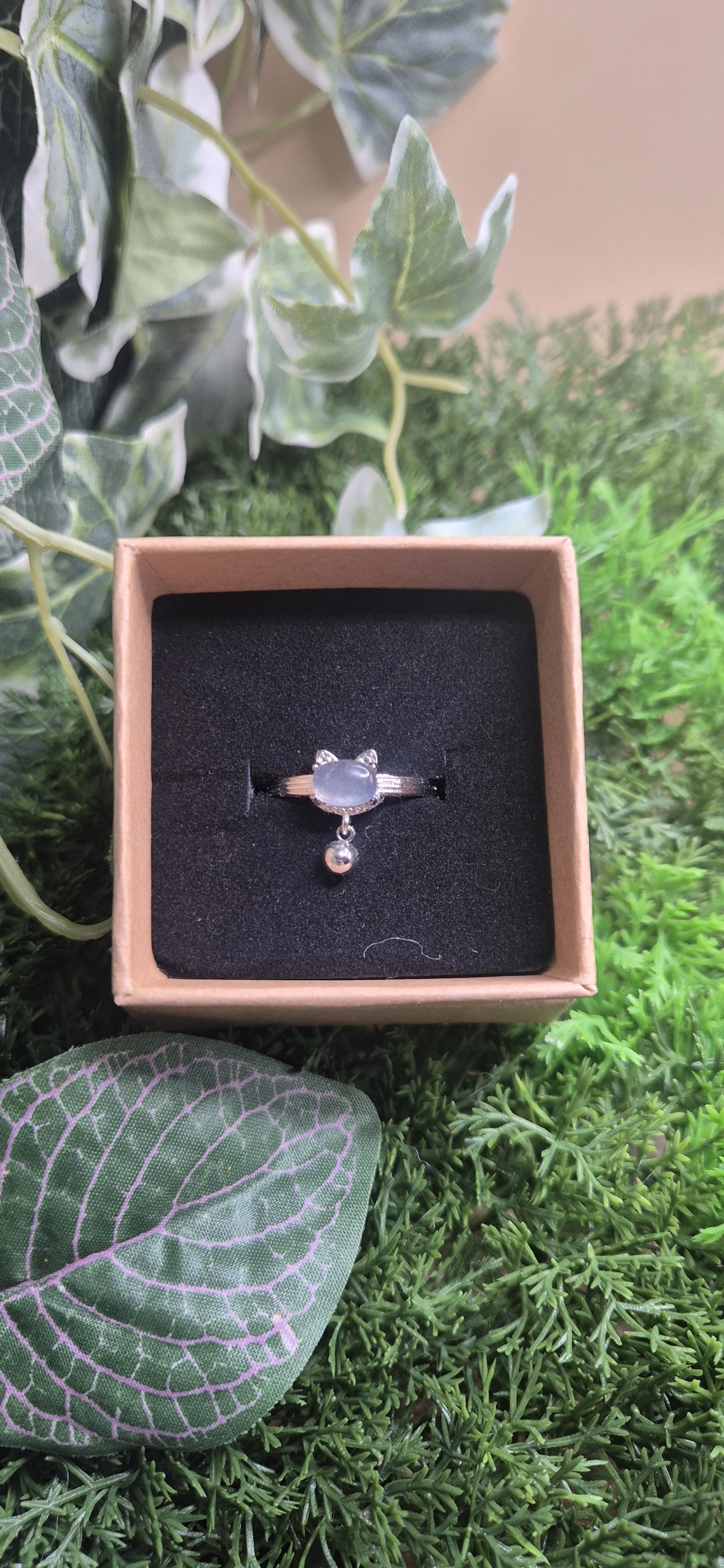 Opalite Cat Charm Adjustable Ring  🐈 - (Man-Made)