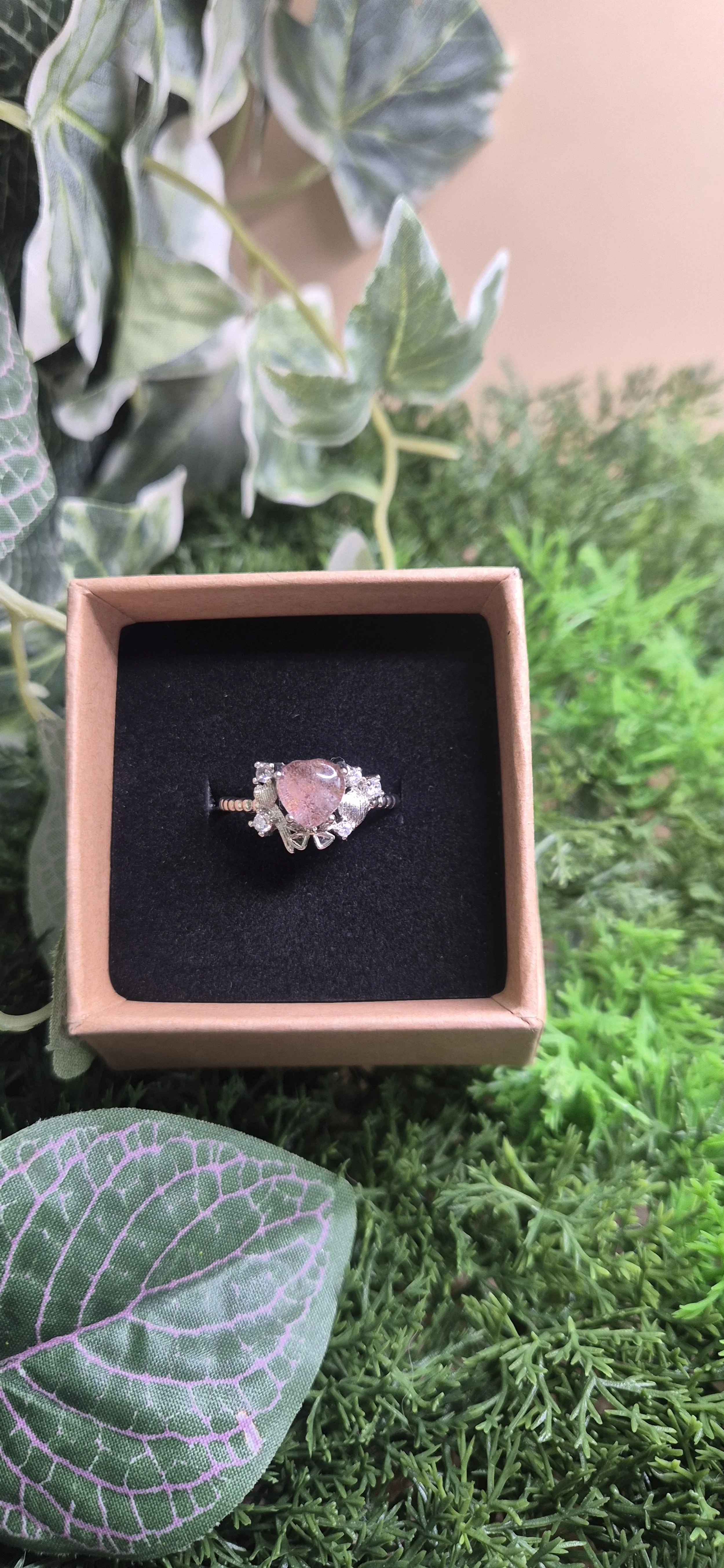 💗 Strawberry Quartz Adjustable Ring – Silver Tone | Adjustable