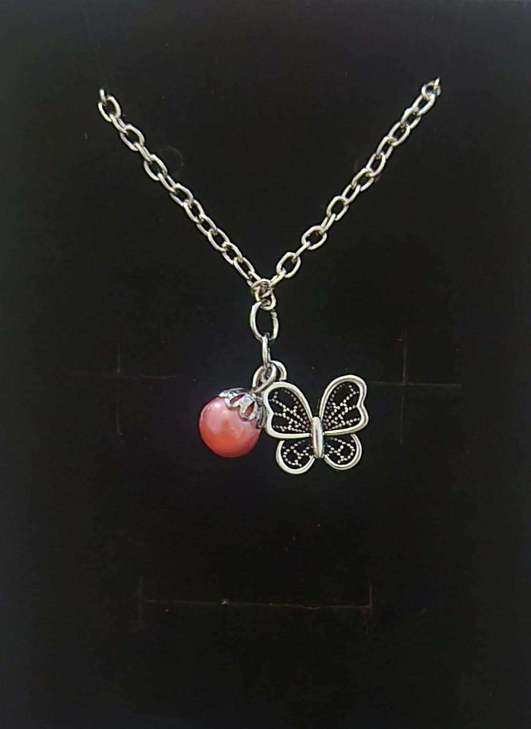 🦋 Coral/Pink Pearl Butterfly Necklace