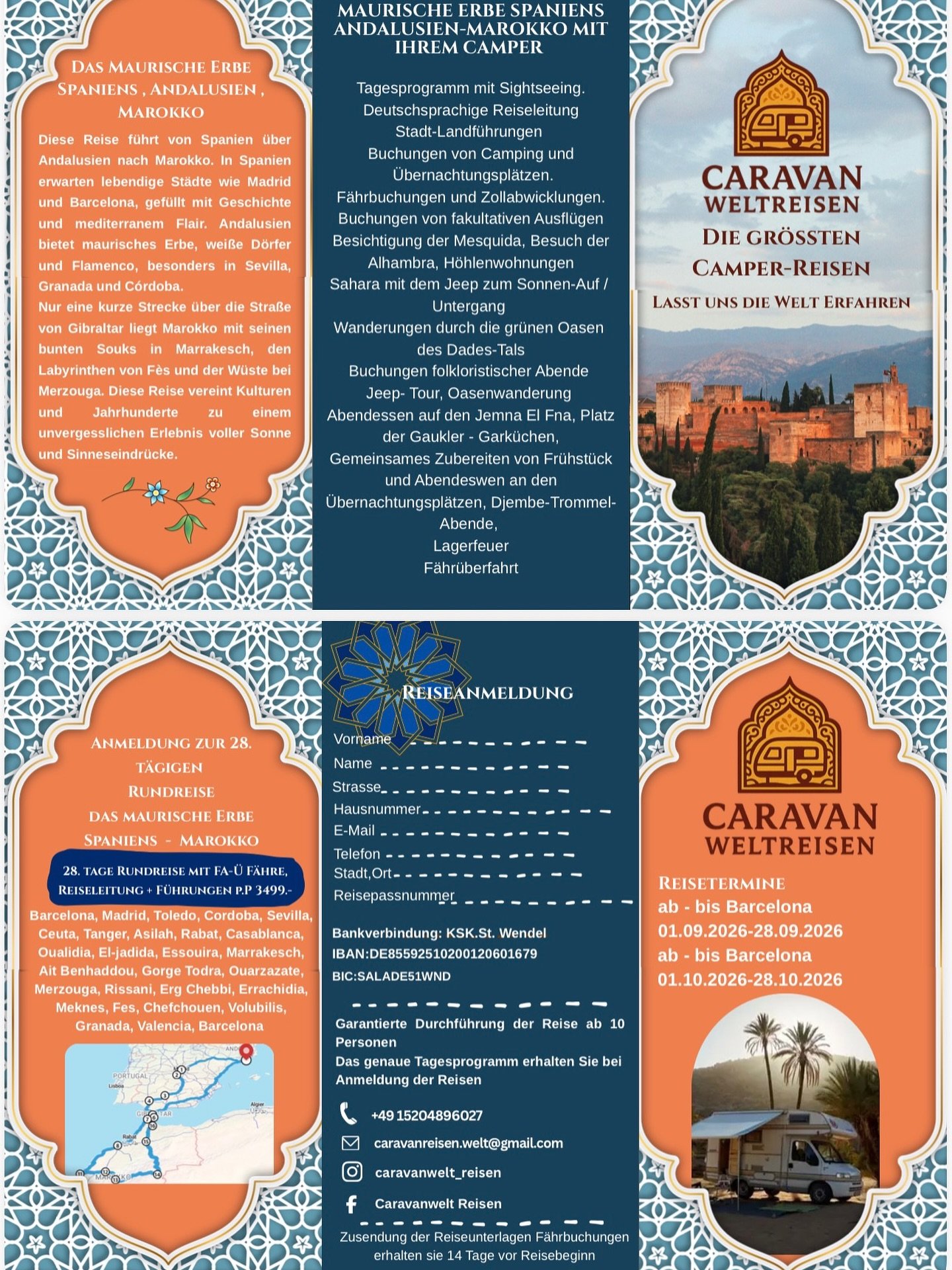 Reisedaten f&uuml;r 2026: 

01.09.- 28.09.2026 

01.10.- 28.10.2026

F&uuml;r die Reiseanfrage k&ouml;nnen Sie uns so kontaktieren:

📧 per Email: caravanreisen.welt@gmail.com 
📬per Dm auf Insta oder Facebook: Caravanwelt Reisen
📞 per Telefon: +49 