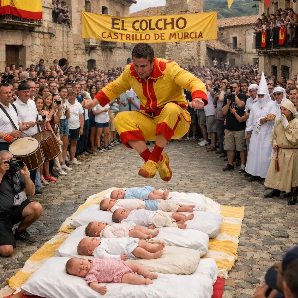🔥💀 El Colcho: Wenn Babys fliegen und Teufel lachen! 💀🔥

Stellt euch vor: Die Sonne brennt &uuml;ber dem Dorf, die Luft vibriert, und pl&ouml;tzlich &ndash; springen M&auml;nner wie lebendige Katapulte &uuml;ber winzige, friedliche Babys, die auf 