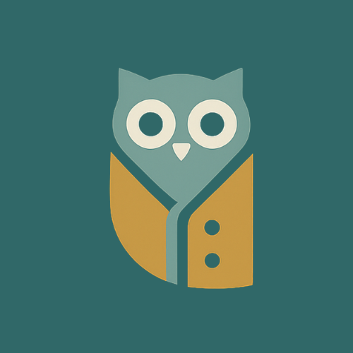Stylized owl illustration with a teal background, large eyes, and a brown body with two buttons.