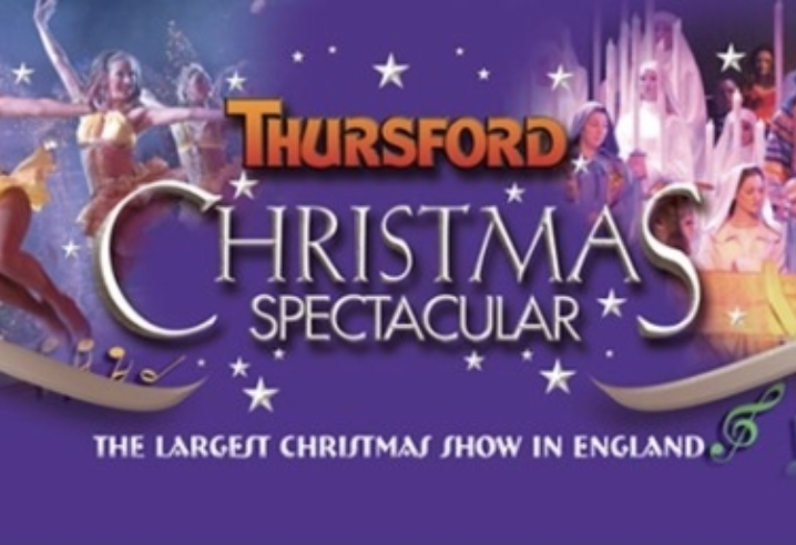 Poster for Thoresford Christmas Spectacular, describing it as the largest Christmas show in England, featuring holiday images and characters.