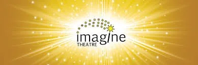 Golden background with radiant light rays and the logo for Imagine Theatre.