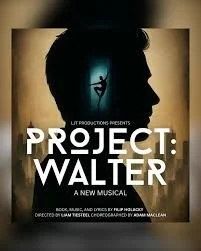 Silhouette of a person with a hat against a beige background, with a small figure holding a rope in front of the face