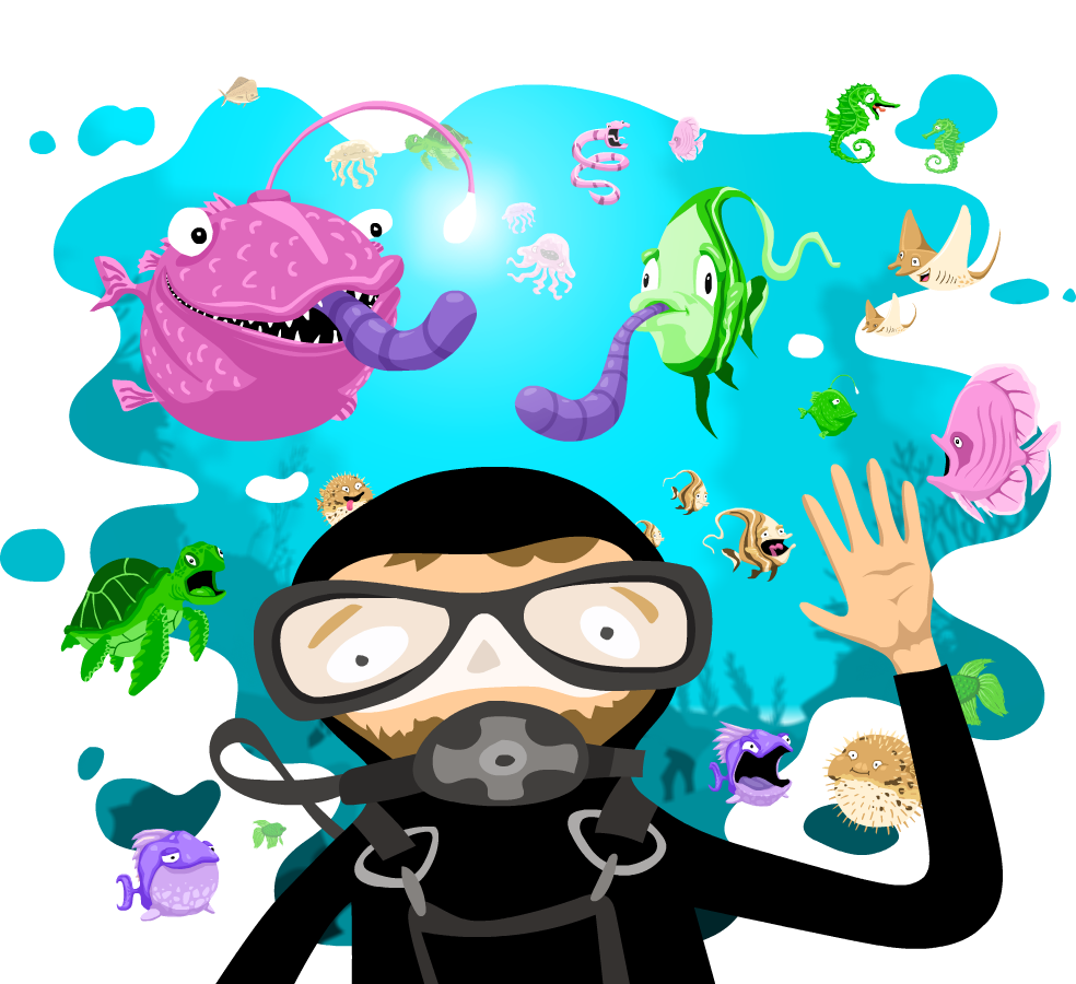 Potápěč a kolem hejno barevných ryb