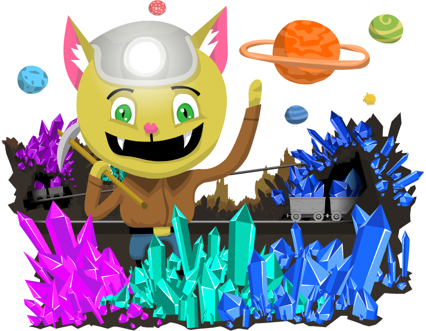 Kočičák Felix a kolem něj krystaly