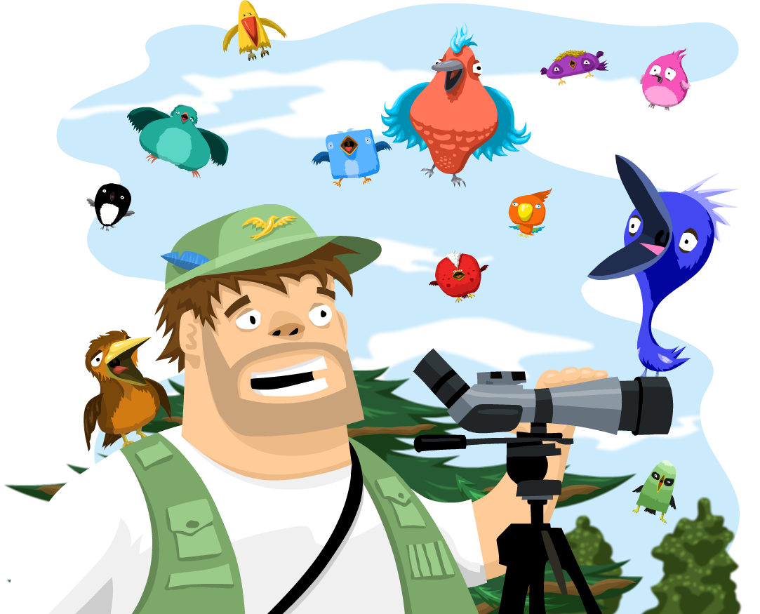 Ornitolog a hejno barevných ptáků