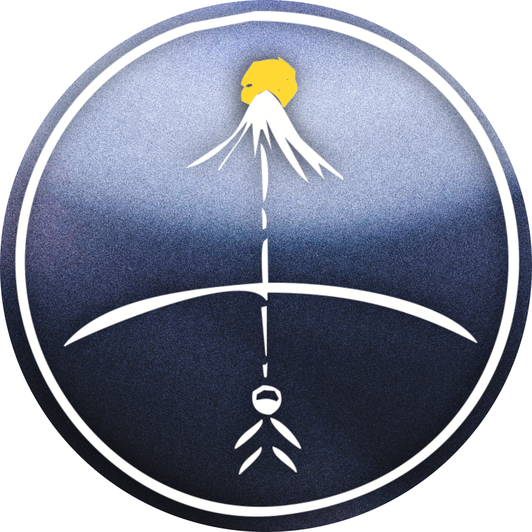 A circular emblem with a stylized mountain and lightning bolt design, featuring a yellow element at the top and a white arrow pointing downward.