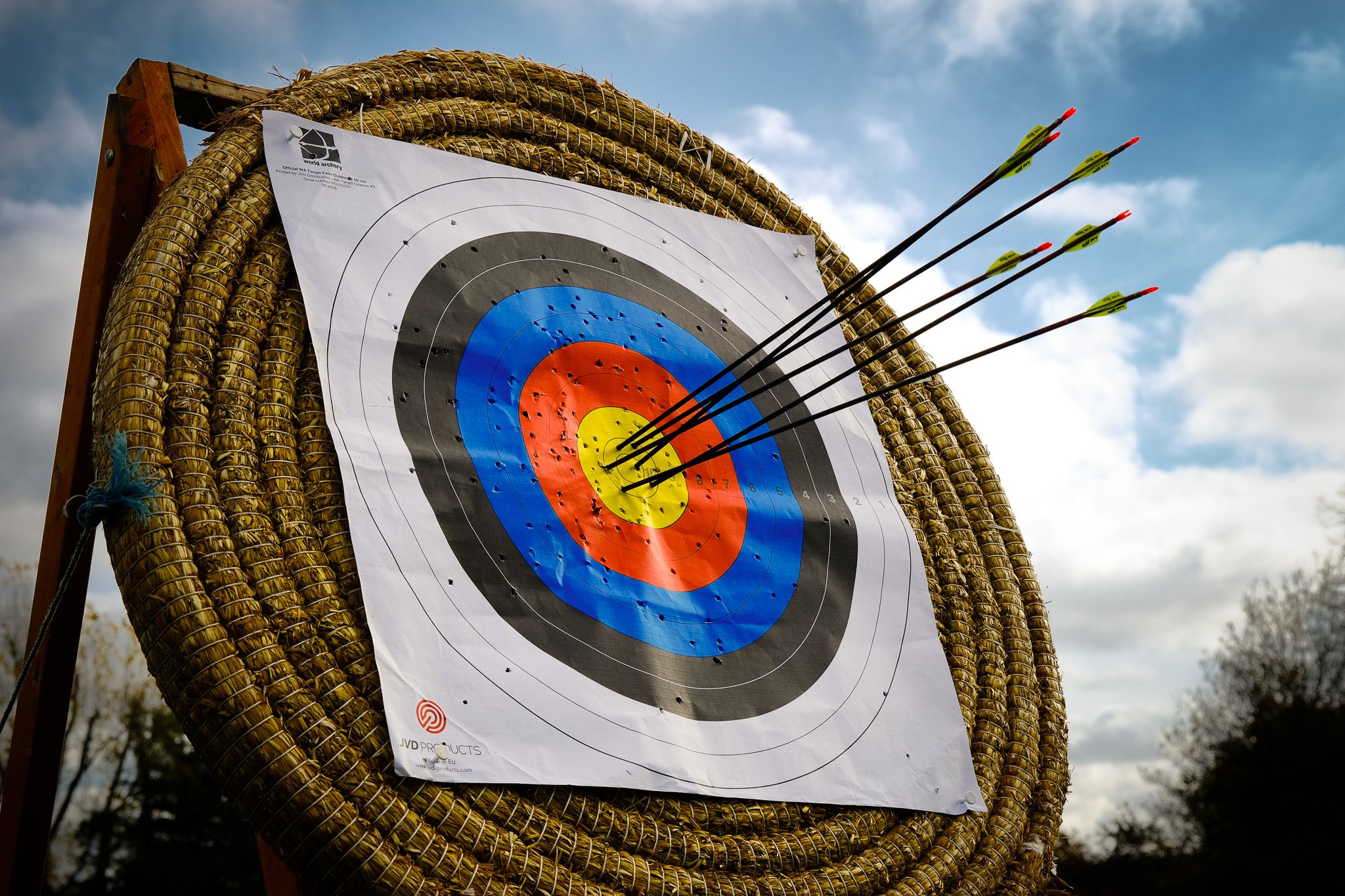 Archery target with four arrows embedded in its yellow center, outside against a cloudy sky.
