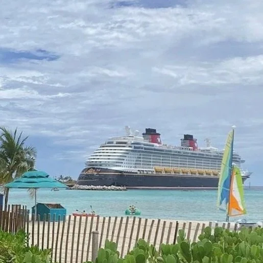 A large cruise ship floating near a beach with a colorful sailboat, green plants, and beach umbrellas in the foreground under a partly cloudy sky.