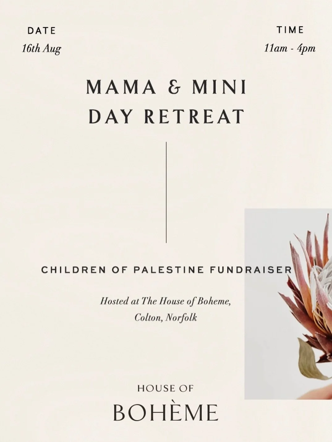 THREE SPACES REMAINING 

Sat 16th Aug - 11am - 4pm (ish) @thehouseofboheme.retreat 

A wellbeing day for Mamas and their Minis (age 3-8) with 100% profit going to the Palestine Children&rsquo;s Relief Fund @thepcrf ❤️

We will be doing activities tog