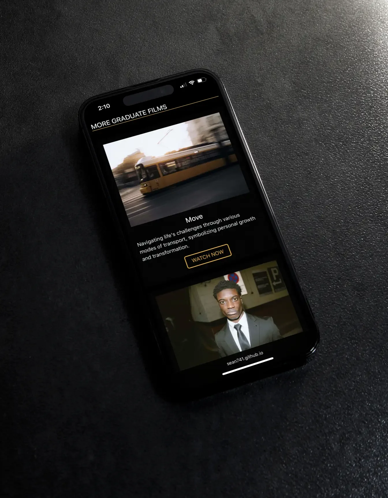 Smartphone displaying a streaming app with a video titled 'Move' about personal growth and transportation, showing a yellow tram and a portrait of a man in a suit.