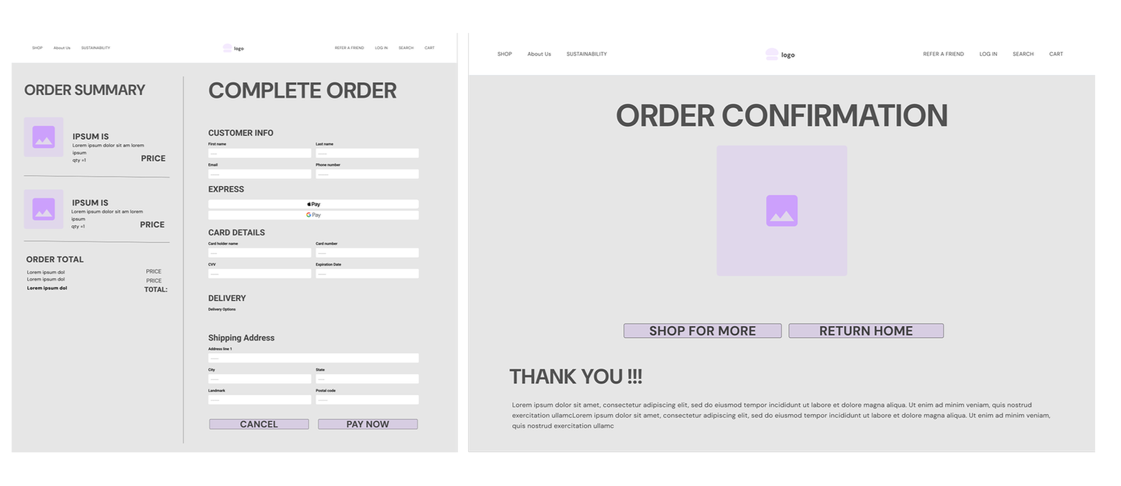 Online order confirmation webpage with a completed order summary, customer info, payment details, delivery address, and options to shop for more or return home. Gratitude message and placeholder images.