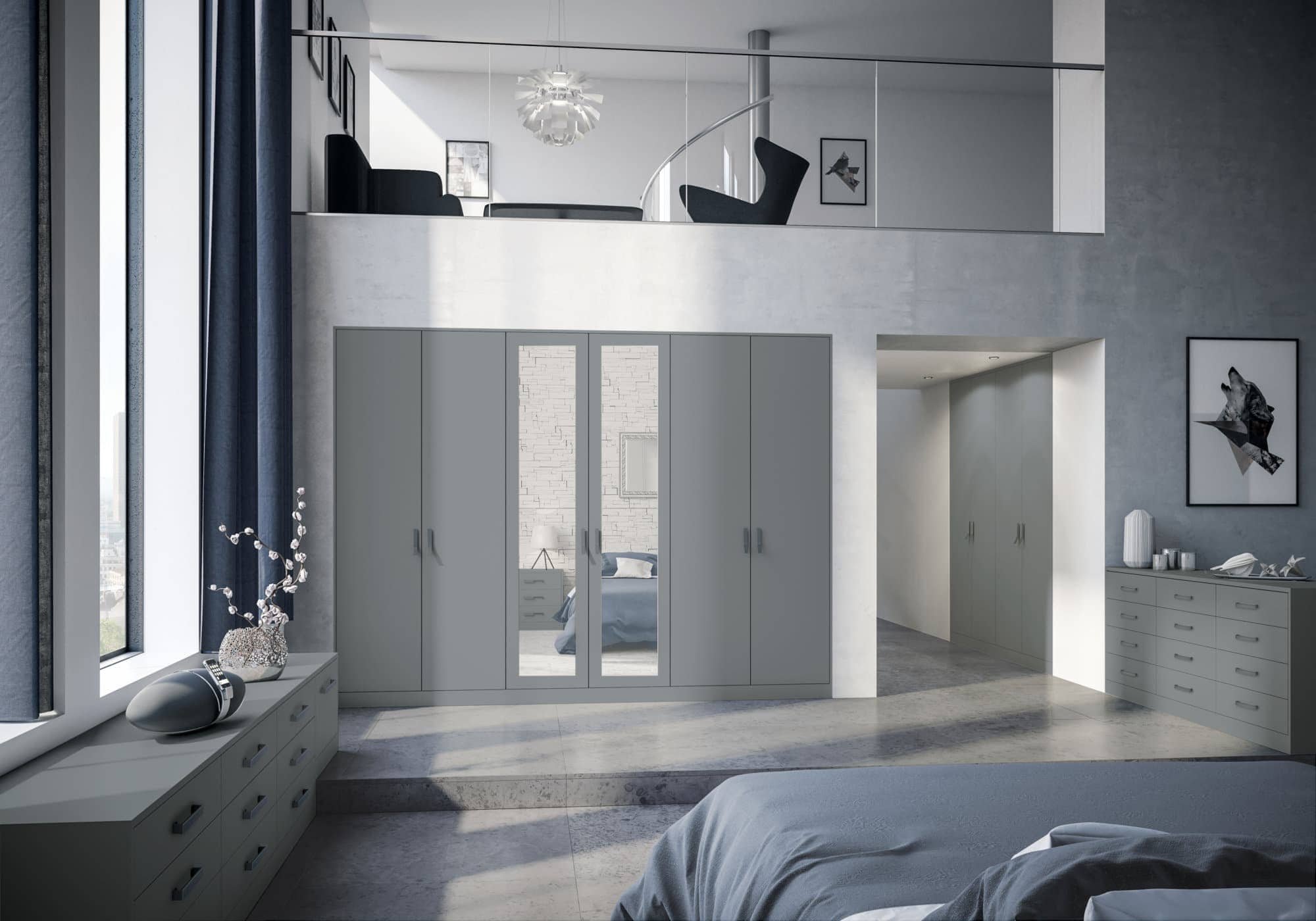 Modern bedroom with a large window, gray floor, and minimal decor. A bed with gray bedding is in the foreground, a dresser with decorative items is on the right, and a closet with mirrored doors is in the center. An upper loft area with black chairs 