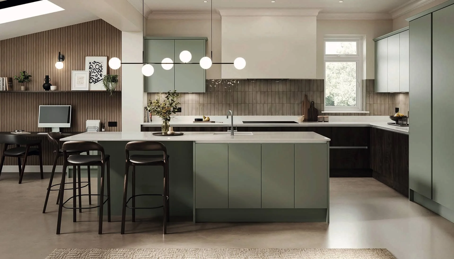 Modern kitchen with green cabinetry, a kitchen island with bar stools, a window, pendant lights, and minimal decor.
