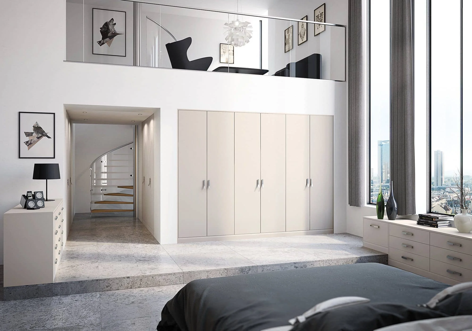 Modern bedroom with large windows, white built-in wardrobe, gray curtains, minimalist decor, and staircase leading to an upper level with a seating area.
