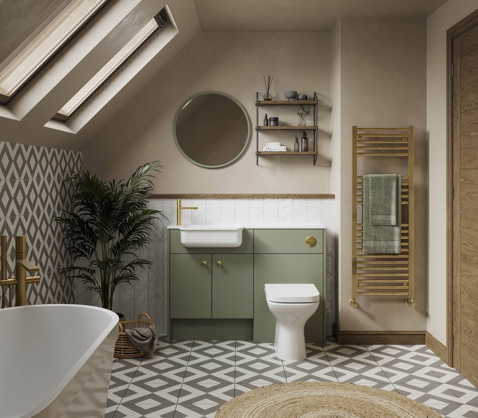 Bathroom with a sloped ceiling, skylights, a freestanding bathtub, a green vanity with a white sink and gold fixtures, a white toilet, a large round mirror, wall shelf with toiletries, a wooden towel rack with a green towel, a potted plant, and patterned floor and wall tiles.