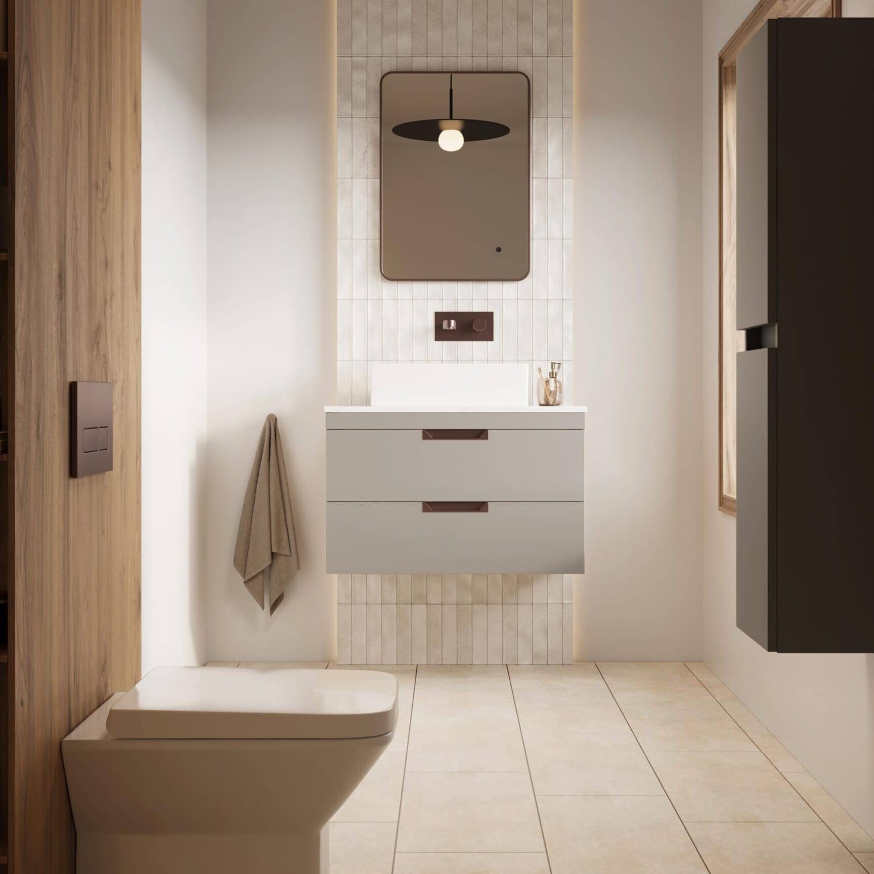 Modern bathroom with beige tiled floor, floating vanity with a white countertop, a mirror, a wall-mounted light switch, a towel hanging on the wall, a black cabinet, and a window.