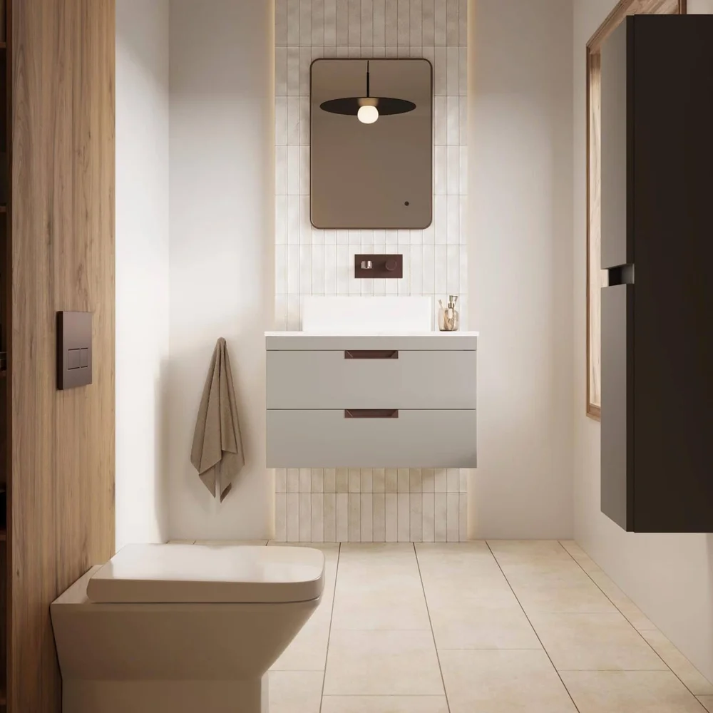 Contemporary bathroom with wall-mounted vanity and open shelving
