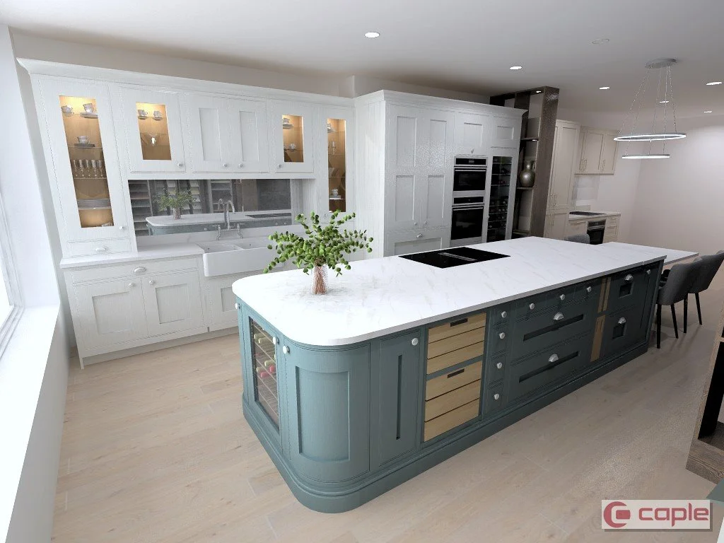 Modern kitchen with a large white marble countertop island, black stove, built-in oven, light wood flooring, and white cabinets with glass-fronted display cabinets. There's a potted plant on the island and seating area to the side.