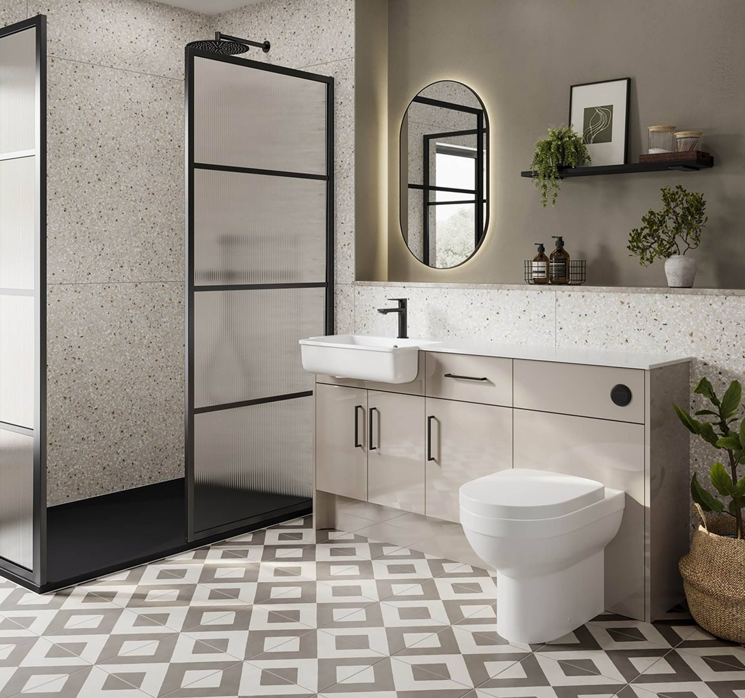 Light contemporary bathroom with a walk-in shower and floating vanity