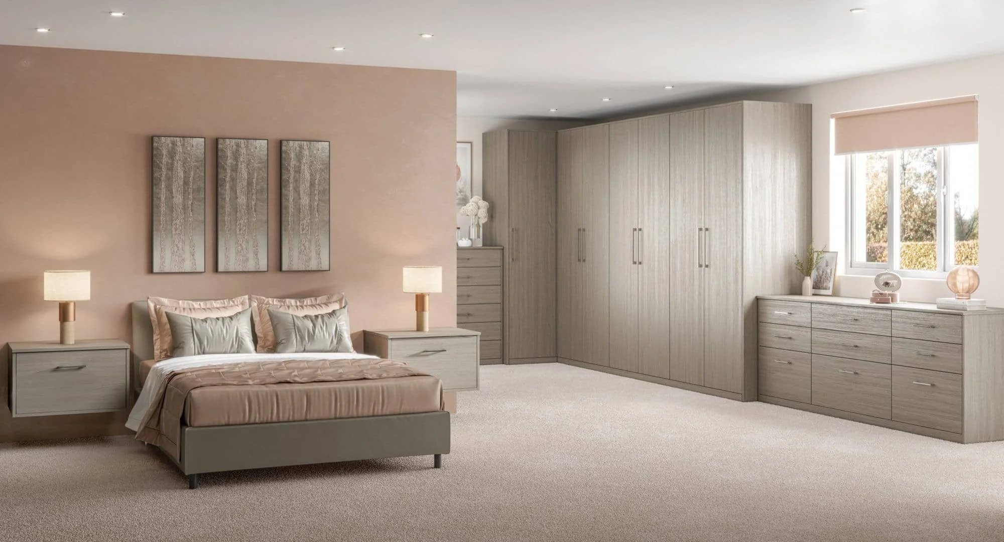 Bedroom with a bed, bedside tables with lamps, a large wooden wardrobe, and a chest of drawers near a window, decorated in neutral tones.