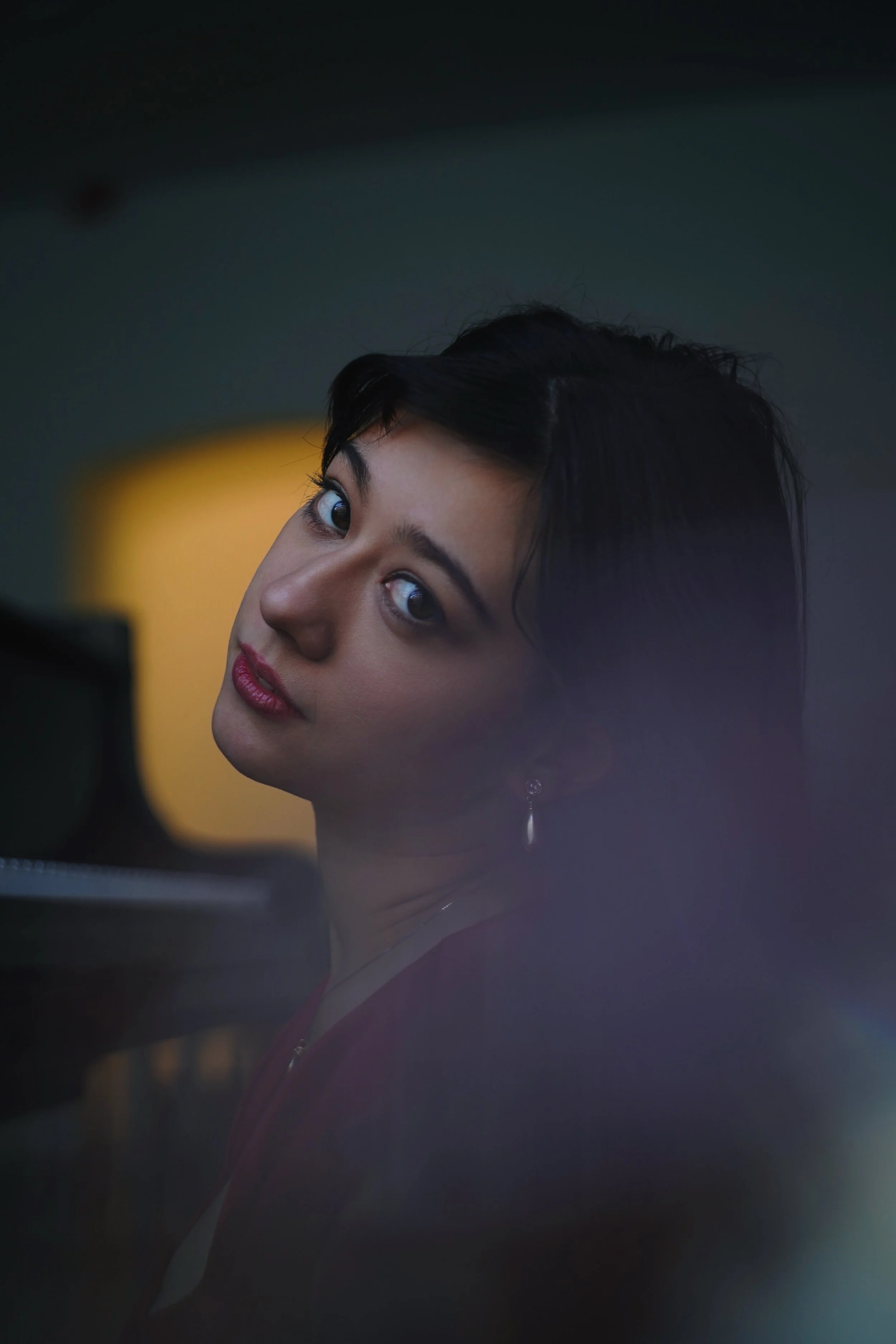Portrait of a woman with short dark hair, wearing earrings and red lipstick, looking over her shoulder in a dimly lit room with a blurred yellow light in the background.