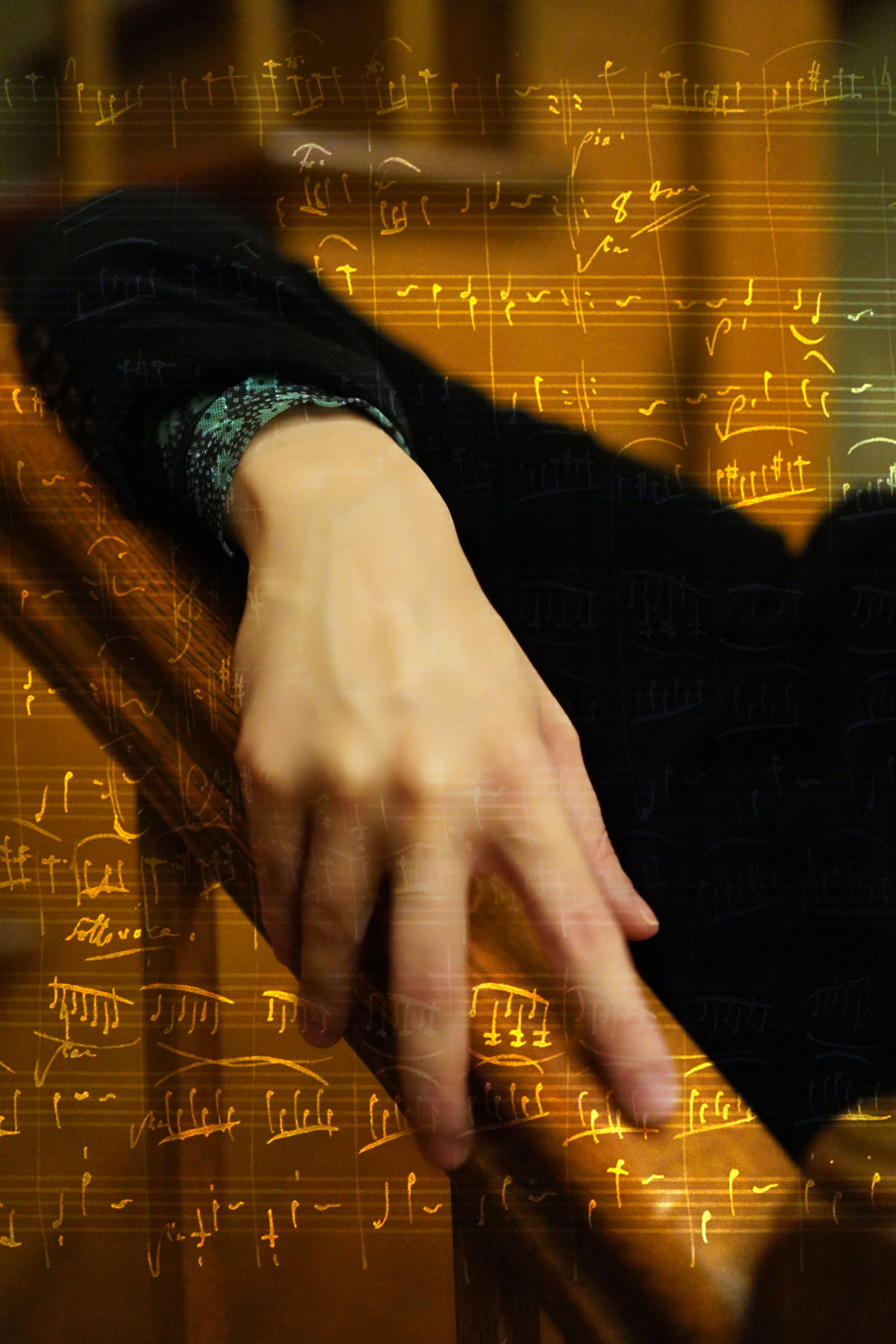 A person playing a keyboard in a dark room, with glowing musical notes and sheet music projected in the background.