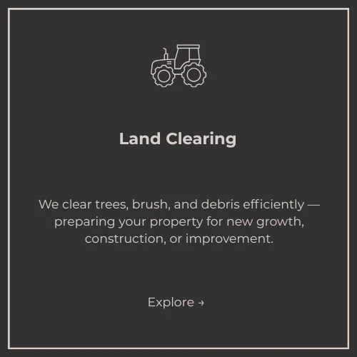 Land clearing flyer with tractor icon, promoting tree, brush, and debris removal for property development.