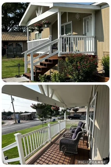 Front porch with staircase, flower boxes, and a well-maintained yard; back porch with outdoor furniture, potted plants, and a view of the neighborhood.