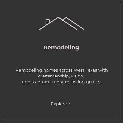 A dark gray webpage promoting home remodeling services in West Texas, featuring a simple white line drawing of a house roof at the top, with the word 'Remodeling' centered below, and additional descriptive text about remodeling homes with craftsmanship and quality, along with an 'Explore' link.