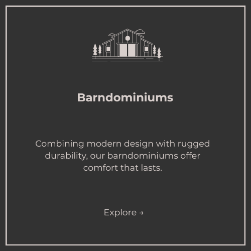APEX LAND & CONSTRUCTION A dark gray advertisement for Barndominiums, featuring a white line drawing of a modern barn-style house at the top, with text promoting the blend of modern design and rugged durability, and an 'Explore' button at the bottom.