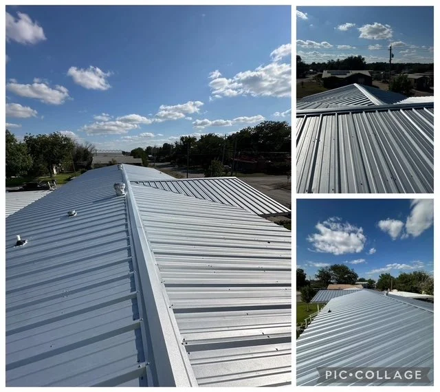 Photos of a metal rooftop under a partly cloudy sky, shown from different angles.
