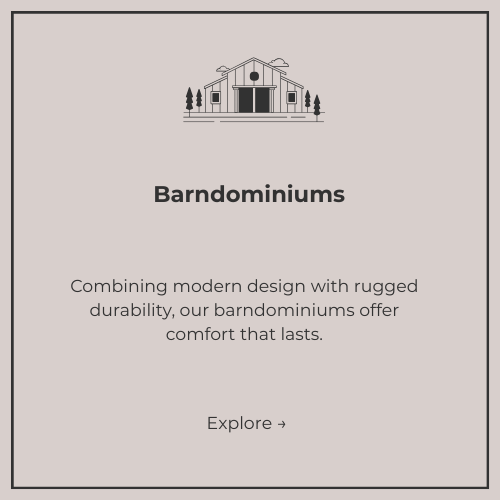 APEX LAND & CONSTRUCTION A promotional webpage for barn dominium homes featuring an illustration of a house with trees and the text: 'Barndominiums. Combining modern design with rugged durability, our barndominiums offer comfort that lasts. Explore.'